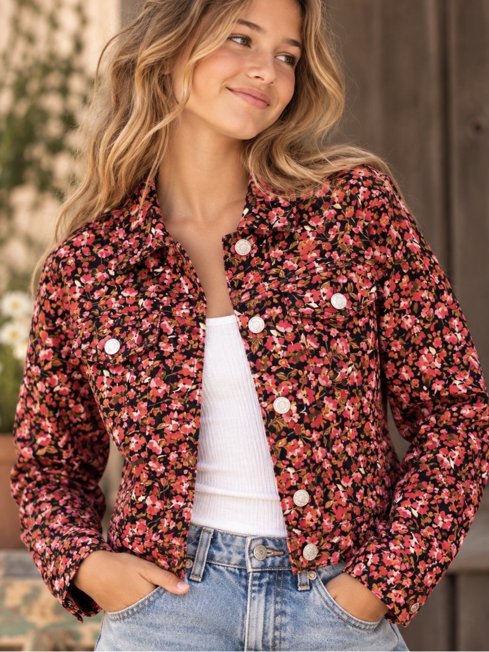 Sanctuaryt Floral Denim Jacket Girls 14 16 Pink Black